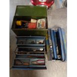 Two metal concertina tool boxes together with two further metal boxes containing hand tools,
