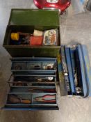 Two metal concertina tool boxes together with two further metal boxes containing hand tools,
