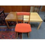 A twentieth century pine dining chair together with two square coffee tables