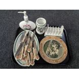 A tray of Portmeirion toast rack, vase and soap dispenser, Adams Highwayman plate,