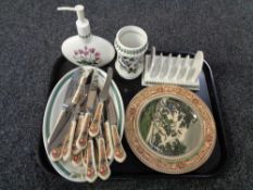 A tray of Portmeirion toast rack, vase and soap dispenser, Adams Highwayman plate,