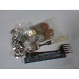 A bag of silver bracelet, plated pickle fork,