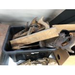 A box of wood working tools, brace, block planes,