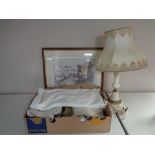 A box of assorted linen, Roy Francis Kirton framed print,