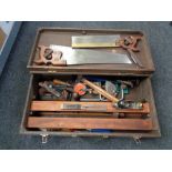 A joiner's tool box of tools, stanley planes, hand saws,