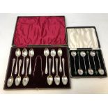 A cased set of twelve silver teaspoons and tongs,