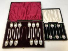 A cased set of twelve silver teaspoons and tongs,