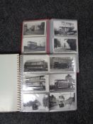 Two albums of black and white photographs and postcards relating to trams and buses