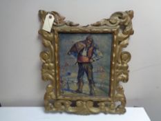 A 19th century oil on board, man carrying sack,