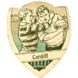 BAINES, shield-shaped rugby card, Cardiff, action scene, VG