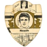 BAINES, shield-shaped rugby card, Play Up Neath, J. Davies inset, staining, G