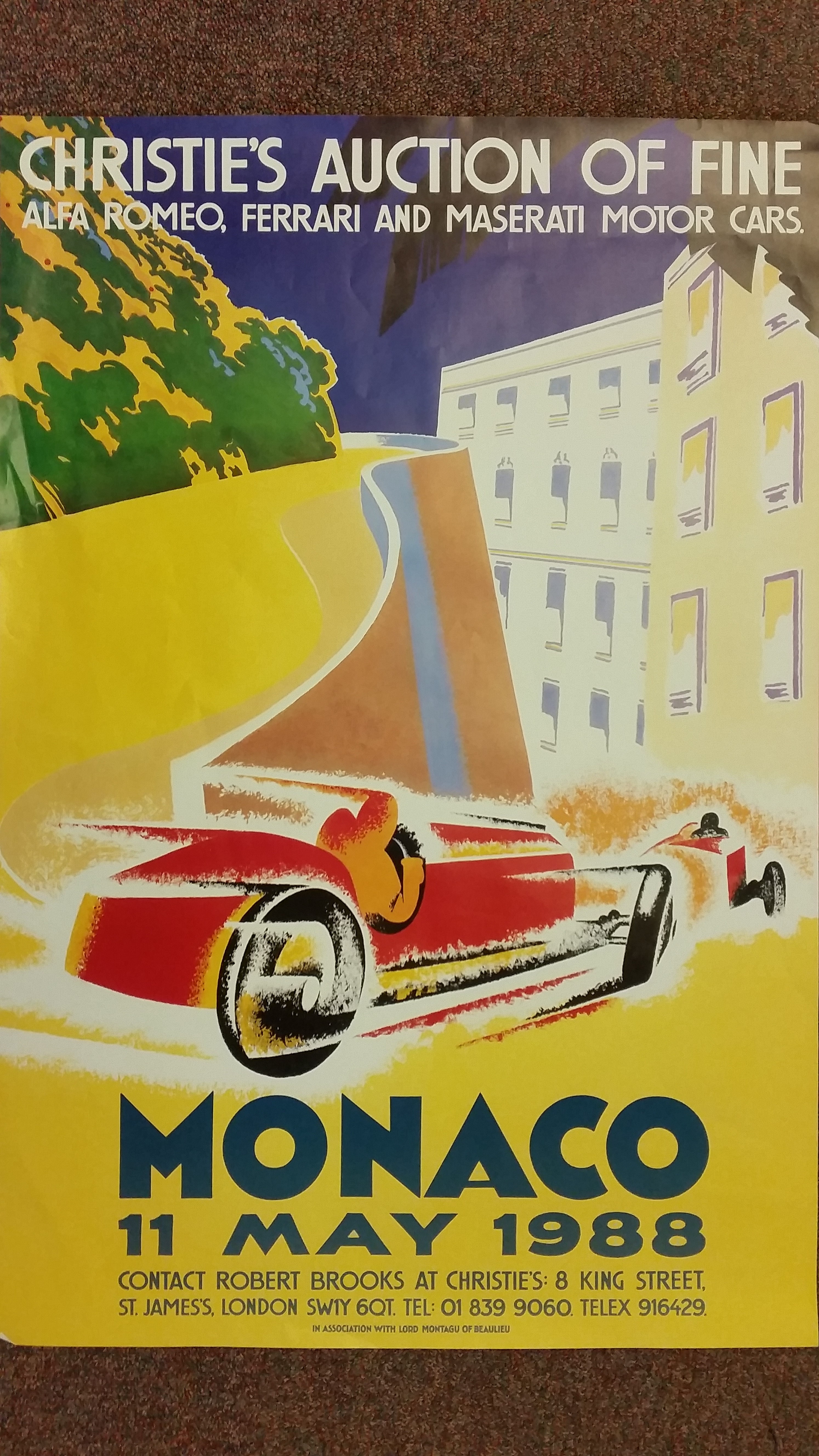 MOTORING, colour poster for Christies Auction in Monaco (1988), ft Alfa Romeo, Ferrari & Maserati,