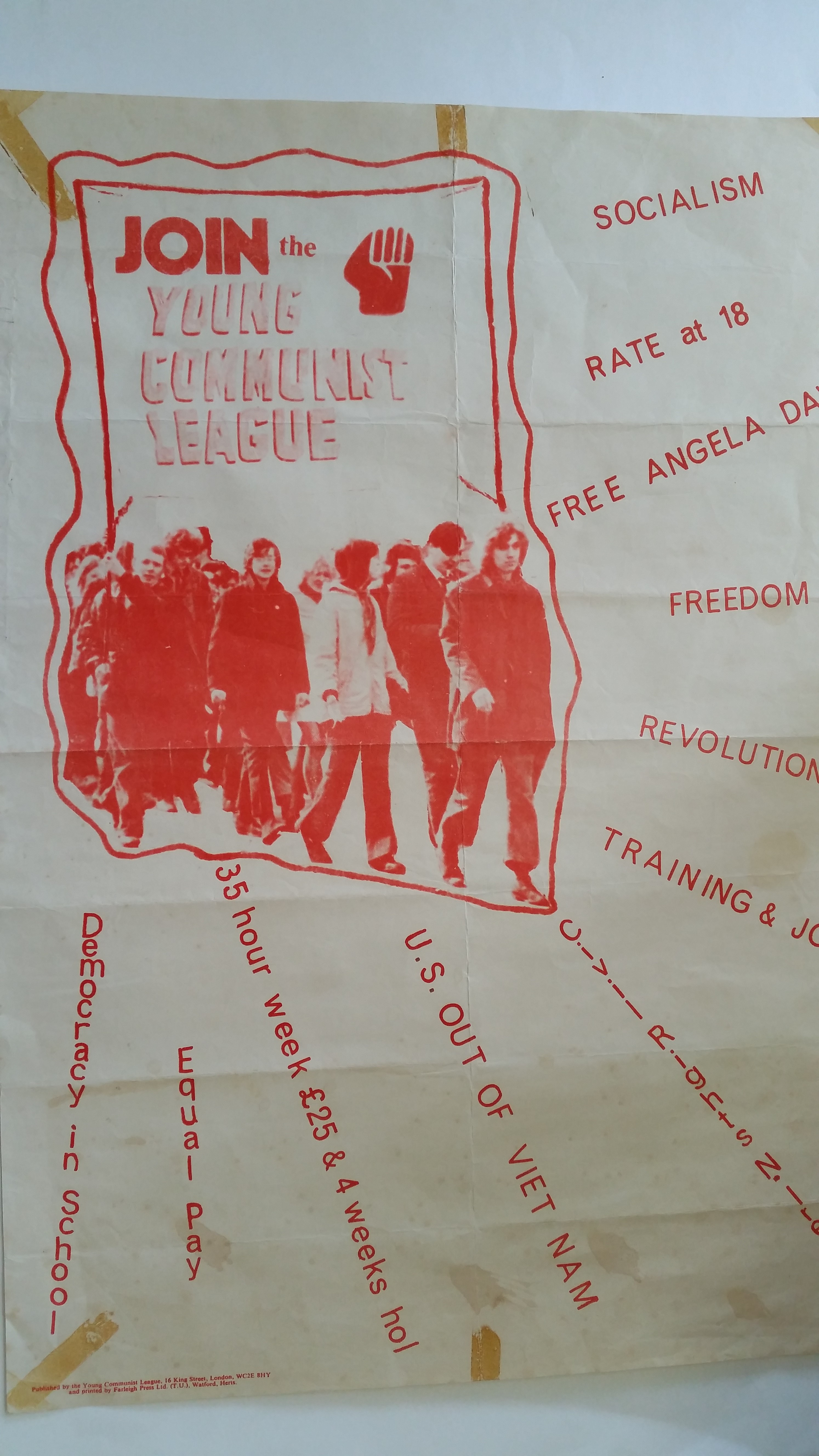 POLITICAL, poster, Join the Young Communist League, text only, 14.5 x 21, previously folded, tape