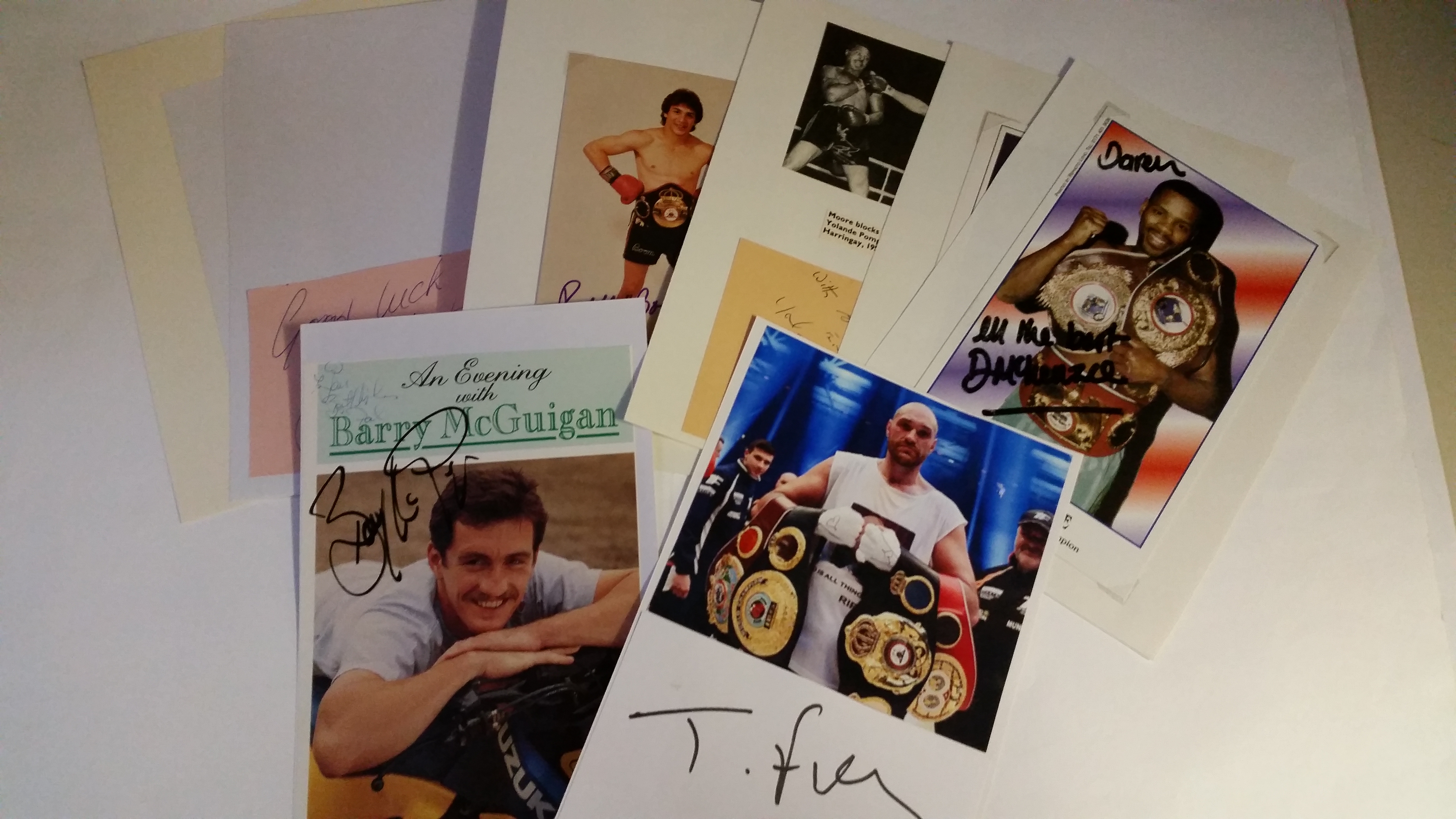 BOXING, signed photos, pieces etc., corner-mounted to larger pages, Duke McKenzie, Tyson Fury, Barry