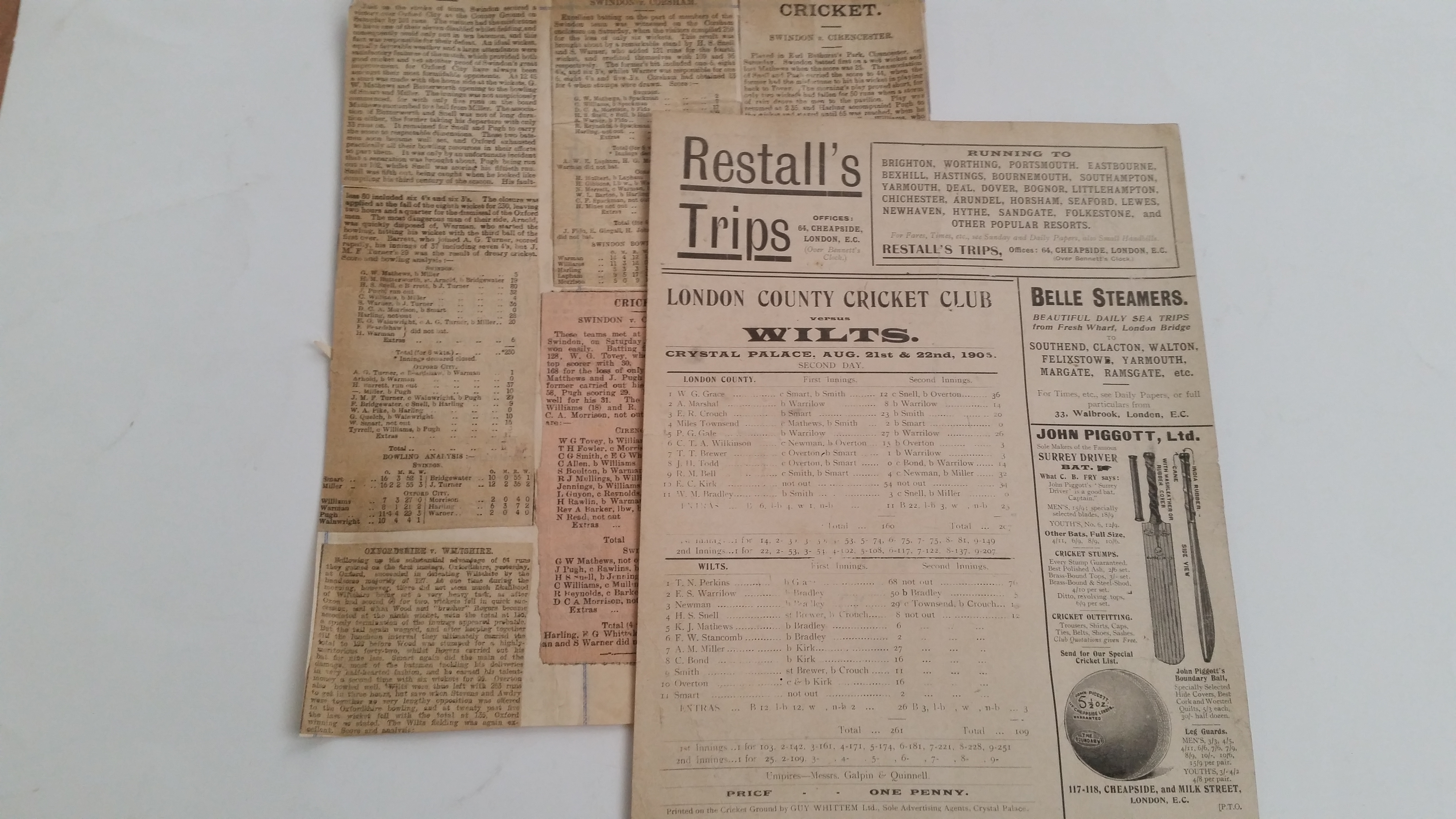 CRICKET, scorecard for London County v Wiltshire, played at Crystal Palace, 21st & 22nd Aug 1905,