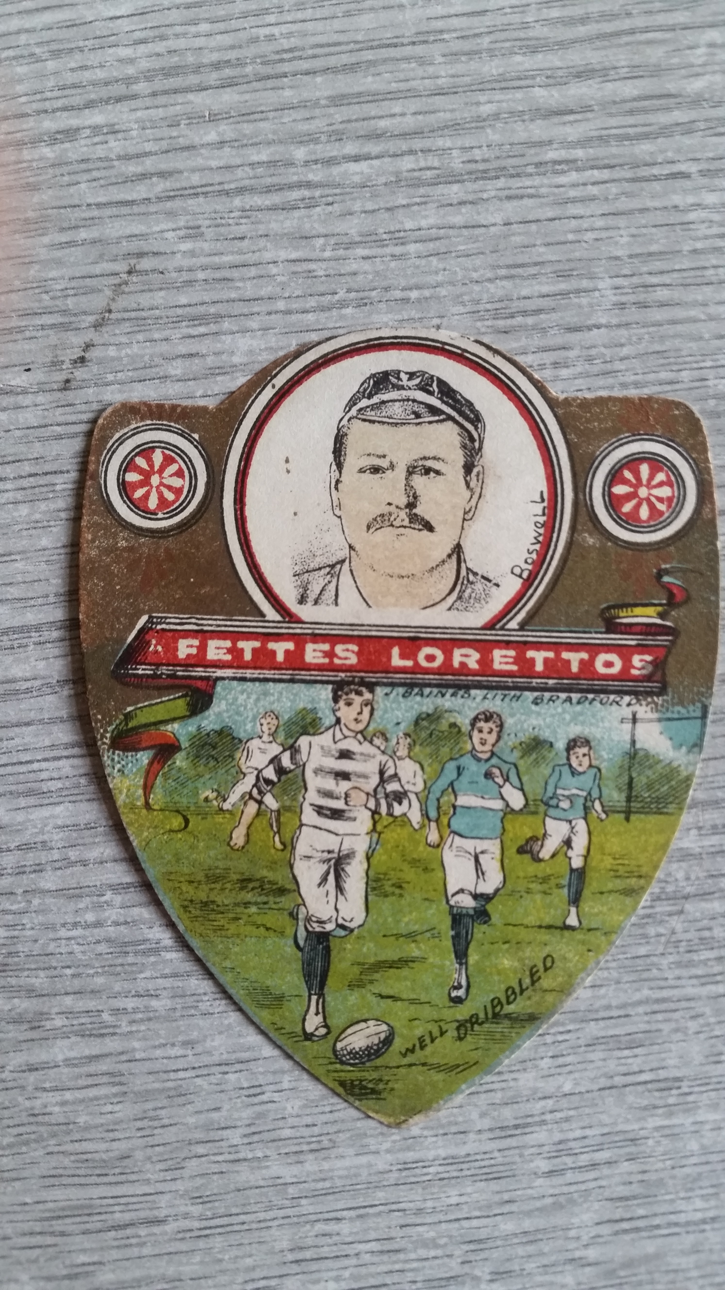 BAINES, shield-shaped rugby card, Fetter Lorettos, Boswell inset, VG