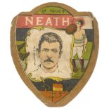 BAINES, shield-shaped rugby card, In Touch Neath, H.E. Morgan inset, creasing & staining, FR
