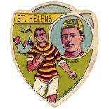 BAINES, shield-shaped rugby cards, Wigan (piece missing from right edge), Bramley, York, Manningham,