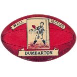 BAINES, ball-shaped rugby card, Well Tackled Dumbarton, player with ball inset, red, VG