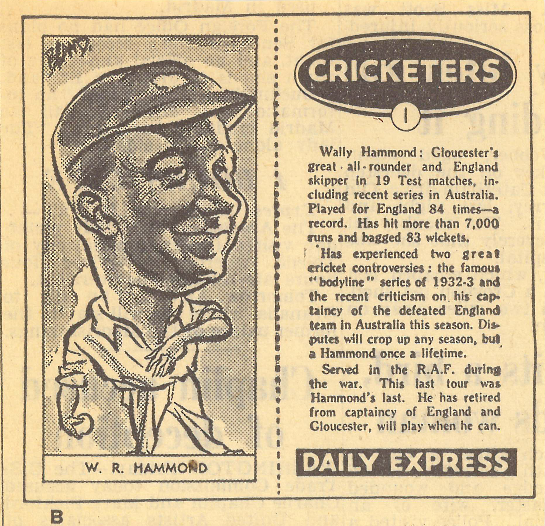 DAILY EXPRESS, Cricketers, inc. with text panels (8), Nos. 1-6, 8 & 10; images only (8), Nos. 1,