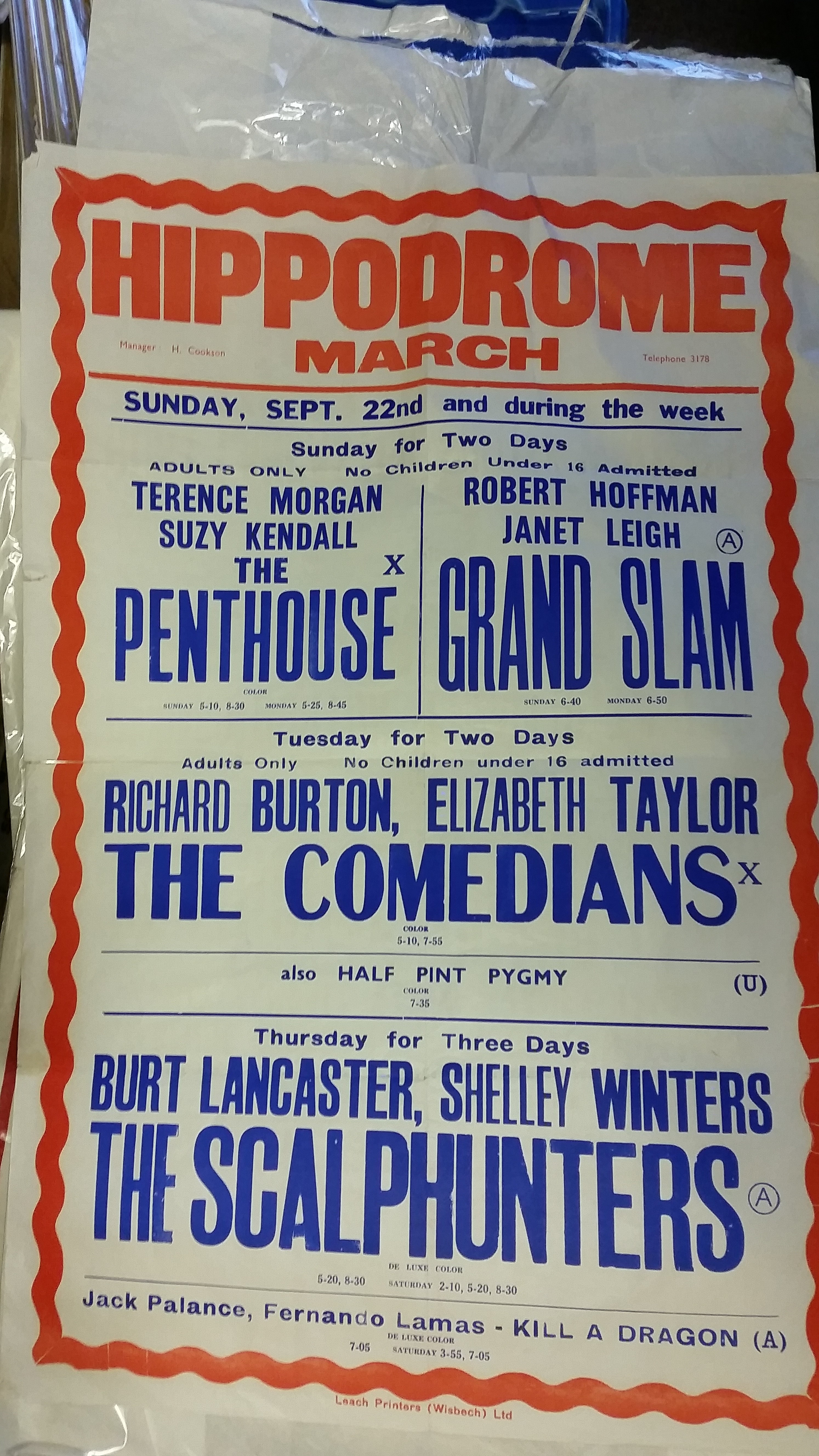 CINEMA, poster, March Hippodrome, Sun 22nd Sep n.y., multiple listing inc. The Comedians (Richard