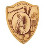BAINES, shield-shaped cricket card, Well Bowled Ravensthorpe, small tear to top edge, G