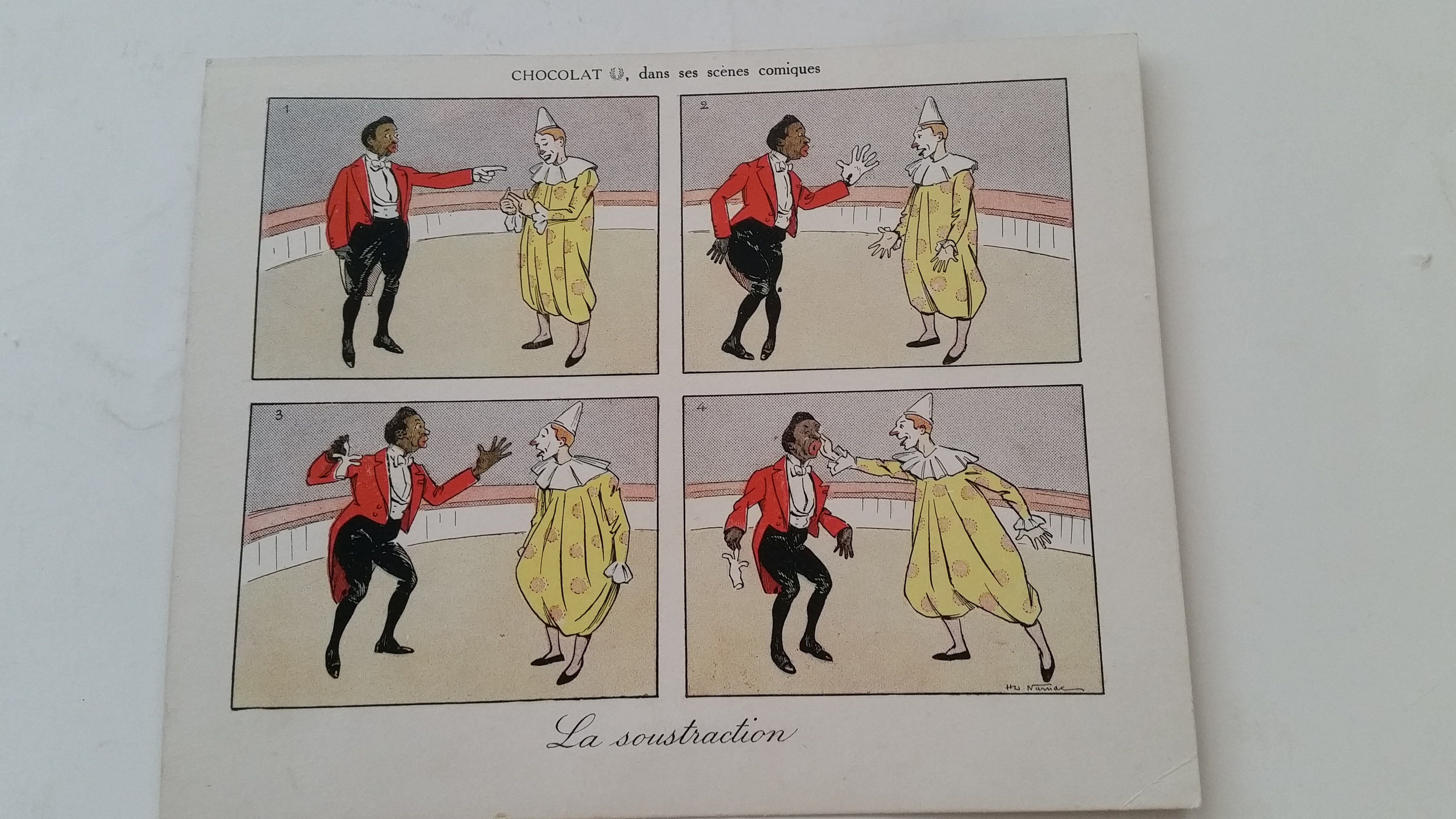 TRADE, advert card, Au Bon Marche, clown & ringmaster, 6.5 x 5.5, VG