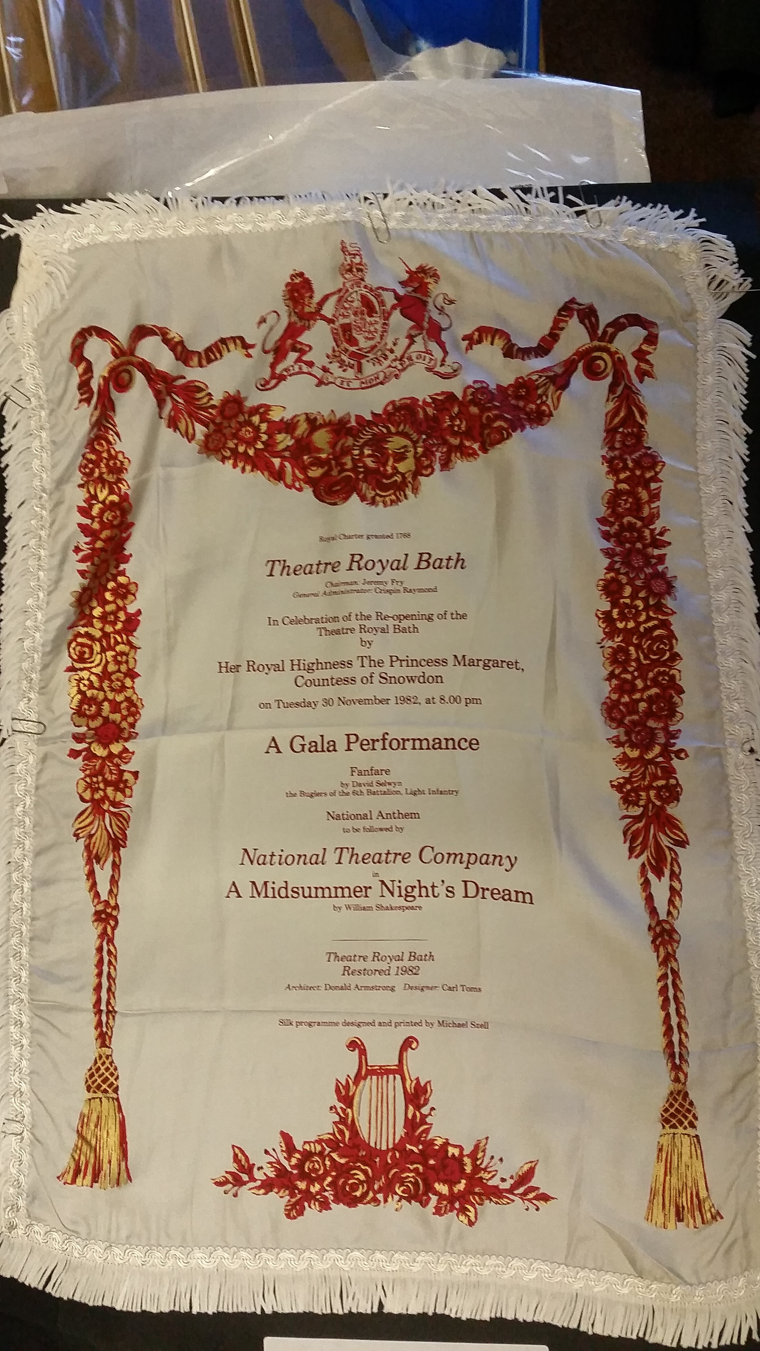 THEATRE, silk poster, Bath Theatre Royal, Nov 1982, re-opening of theatre by Princess Margaret, 16.5