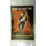FIRE SERVICE, recruiting poster, Join the Auxiliary Fire Service, showing fireman carrying child