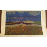 ARTWORK, signed colour print by Deirdre Sturrock, Blue Landscape, 1983, signed to lower white