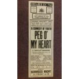 THEATRE, poster, Theatre Royal, Oct 1940, Peg O' My Heart, 10 x 30, VG