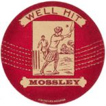 BAINES, ball-shaped cricket card, Well Hit Mossley, red, VG