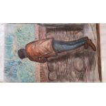 ARTWORK, charcoal & chalk sketch by Norman McDonald, showing a youth leaning against a wall, 1964,