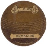 BAINES, ball-shaped cricket card, Well Bowled Ormskirk, brown, creasing and edge knocks, FR