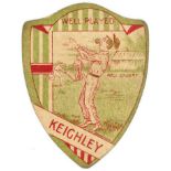 BAINES, shield-shaped cricket card, Well Played Keighley, Well Caught inset, G