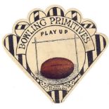 BAINES, fan-shaped rugby card, Play Up Bowling Primitives, ball inset, VG