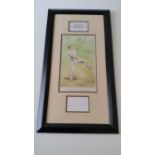 CRICKET, signed white card by Harold Larwood, overmounted beneath colour print, showing him full-