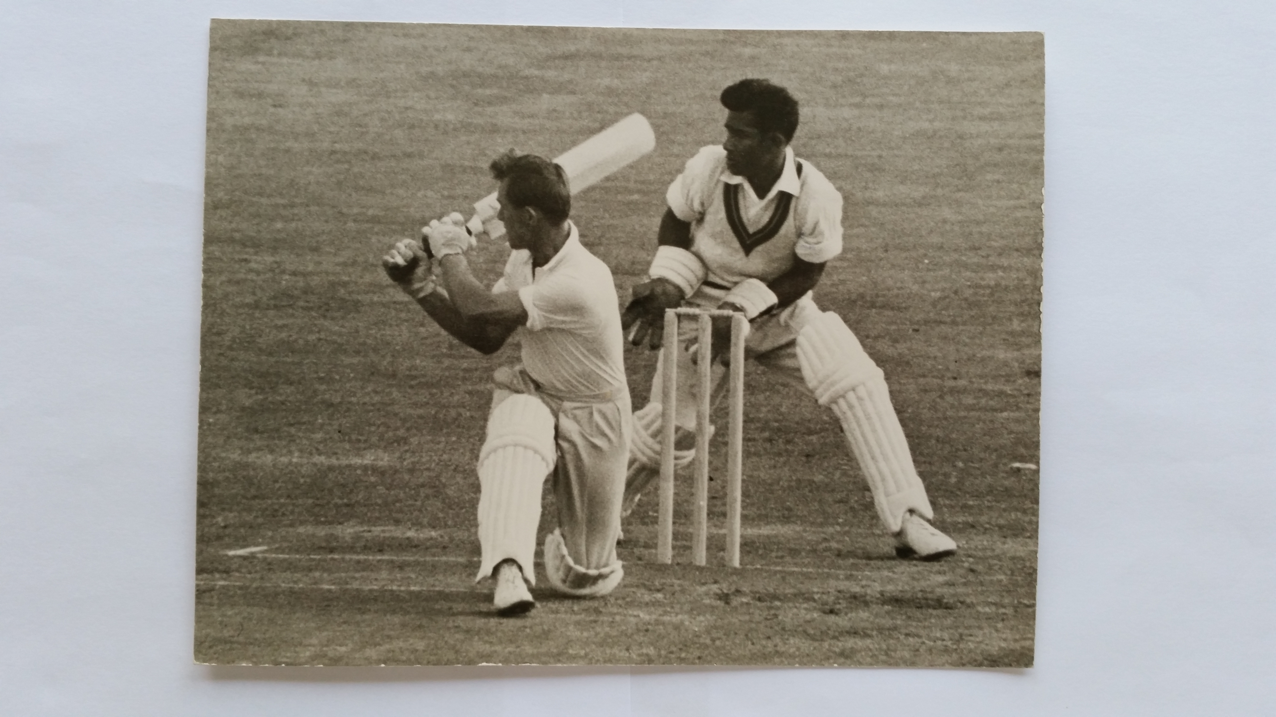 CRICKET, press photos, West Indies in England, 1957, showing May & Richardson batting, press stamp