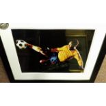 FOOTBALL, signed large colour photo by Pele, full-length doing scissor kick (on black background),