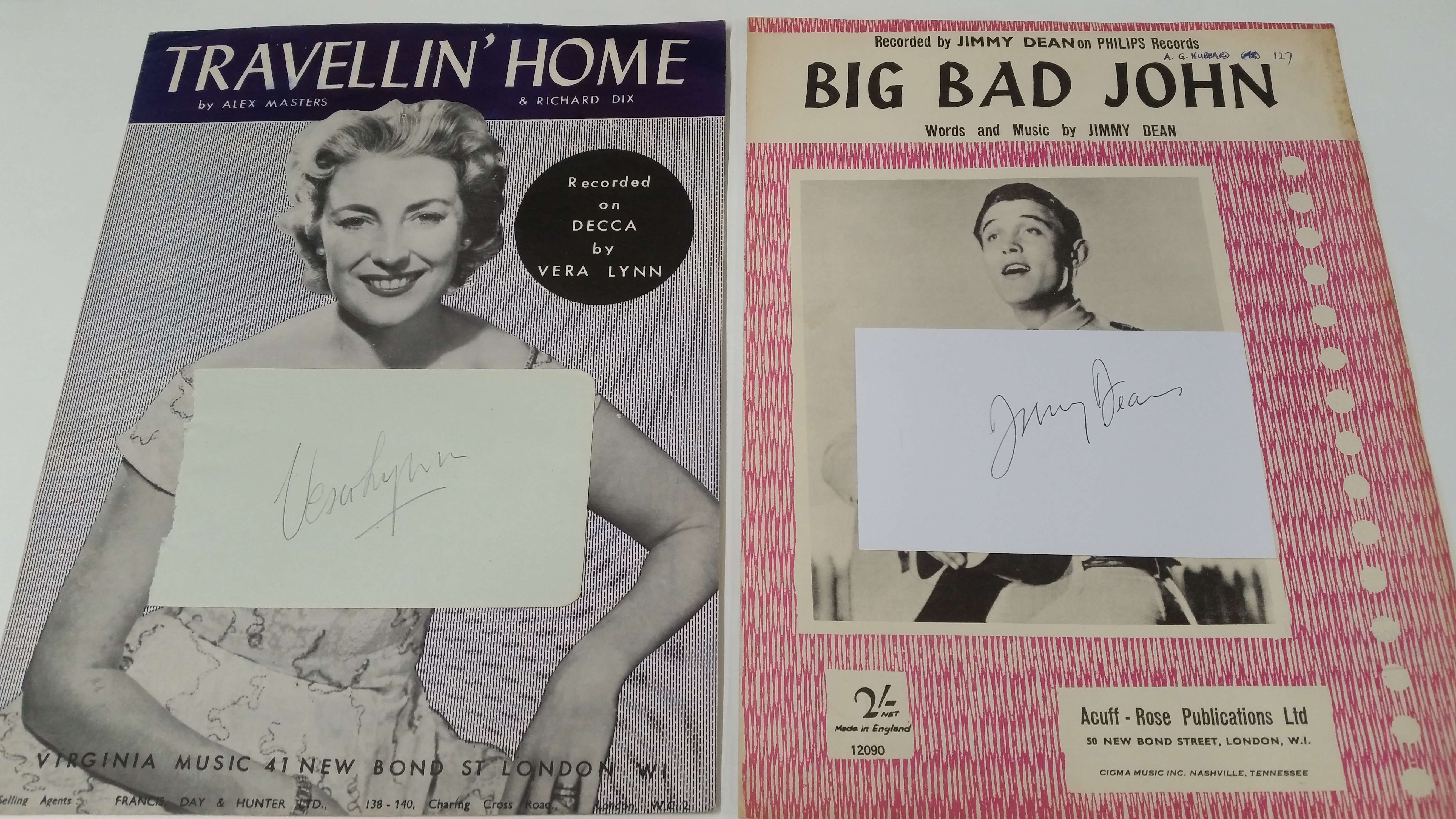 POP MUSIC, signed white cards, each with sheet music booklets, Vera Lynn (Travellin Home), Jimmy