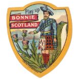 BAINES, shield-shaped rugby card, Play Up Bonnie Scotland, Scotsman in kilt, VG