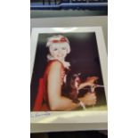 CINEMA, private colour photo of Jayne Mansfield, half-length in red dress, 8 x 10, signed by the