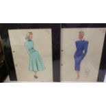 FASHION, hand-coloured drawings, c.1940s-50s, punch-holes, VG, 15
