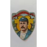 BAINES, shield-shaped cricket card, Lord Hawke, Captn. Yorks, creasing and knocks to edges, P