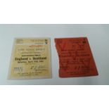 FOOTBALL, ticket stubs for England v Scotland, 1934 & 1942 (Mrs Churchill's Aid to Russia Fund),