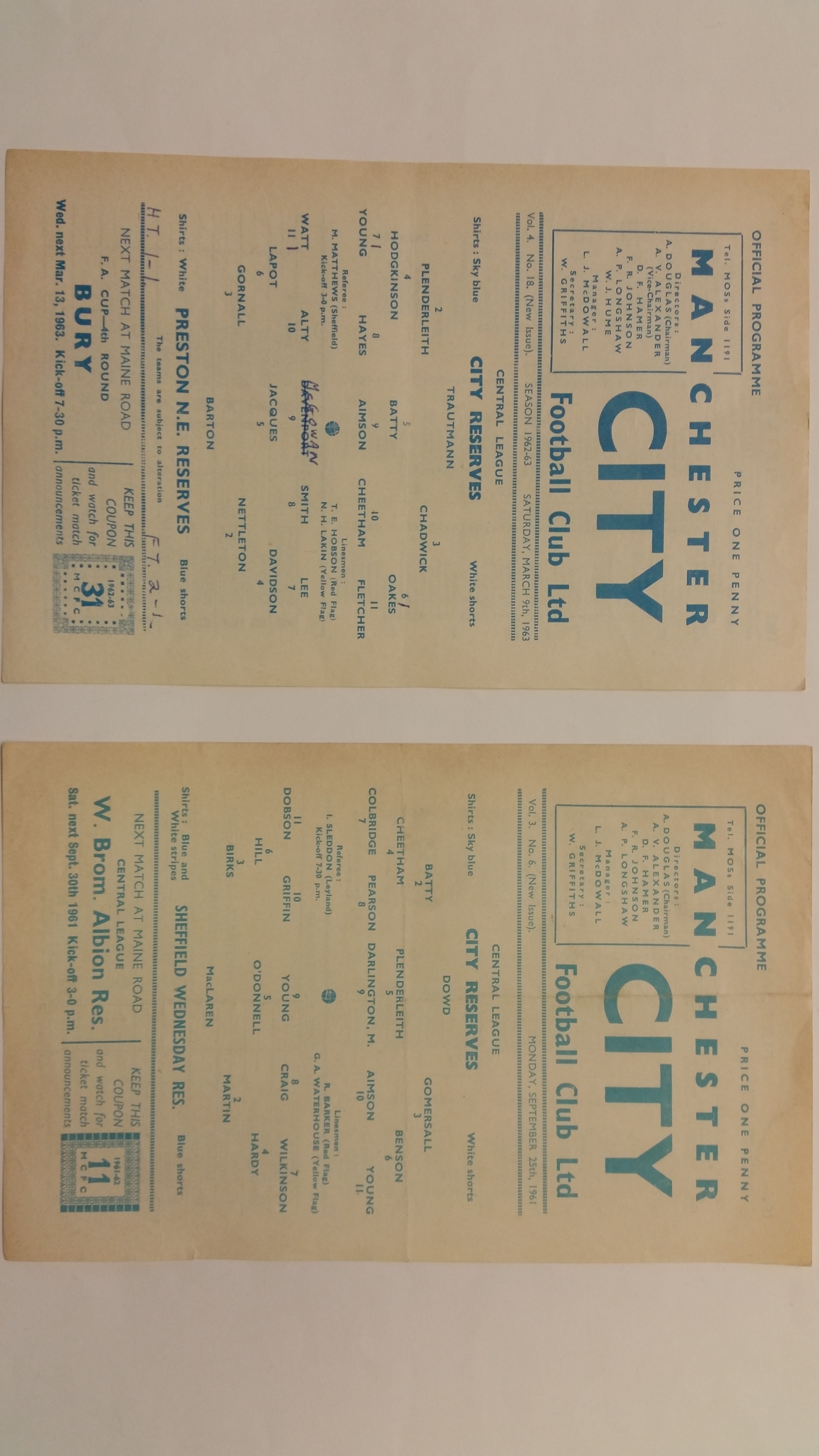 FOOTBALL, Manchester City, home programmes, early 1960s reserve matches, single sheets (4), G to VG,