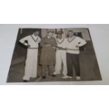 CRICKET, press photo showing Jack Hobbs with autograph bat, with Gopalan Jai & Mohara Kumar, at Alan