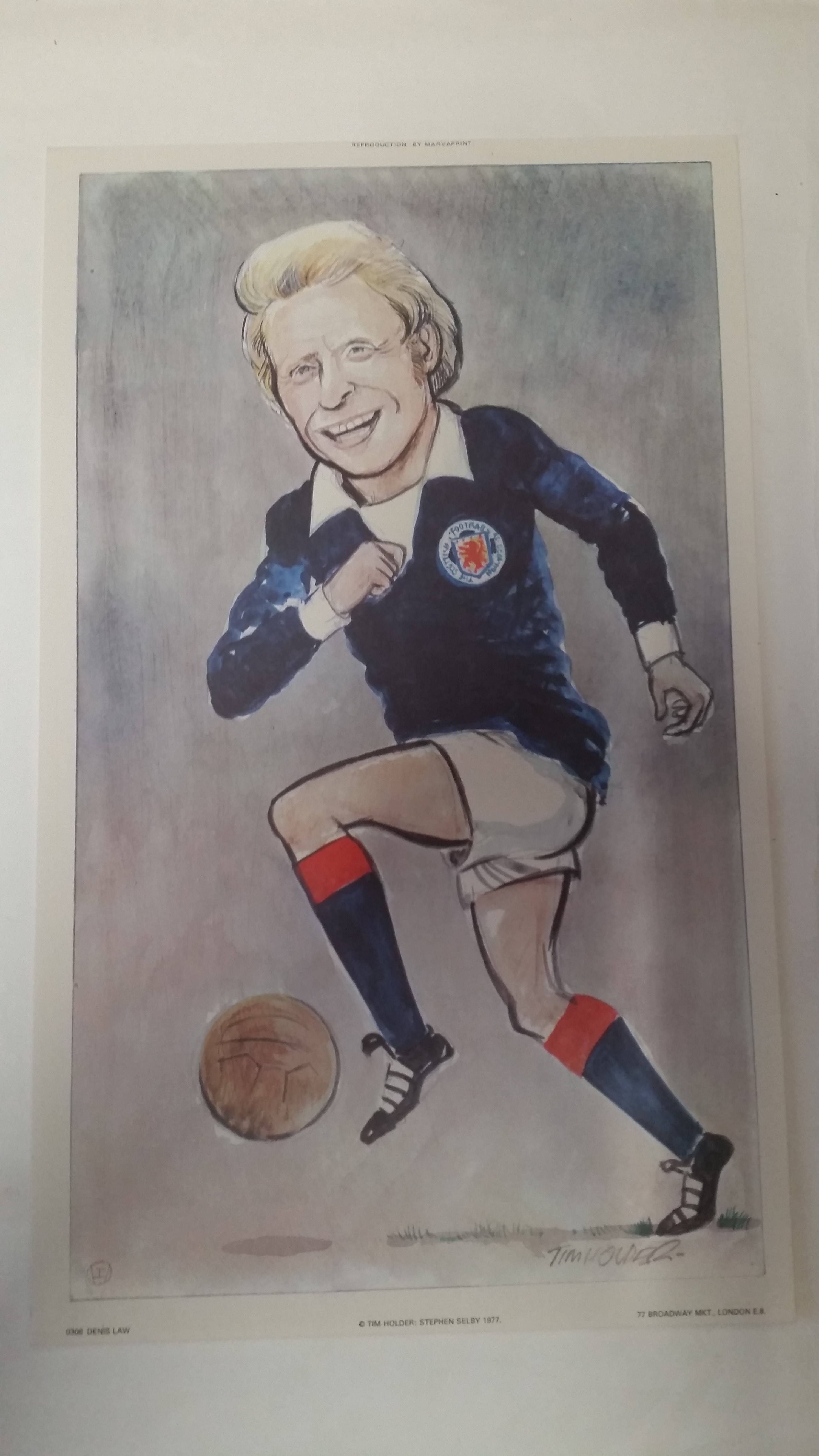 FOOTBALL, colour print, Heroes of Sport, Dennis Law (Scotland), issued by Venorlandus, artwork by