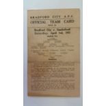 FOOTBALL, Bradford City home programme, v Sunderland, 3rd April 1943, single card, folded, about G