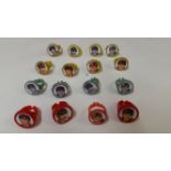 POP MUSIC, The Beatles, four sets of four plastic rings, yellow (colour & b/w), red & green,